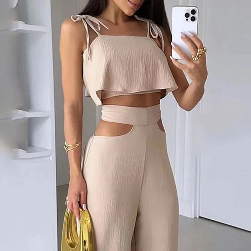Solid Color Sling Top Casual Hollow-out Trousers Set