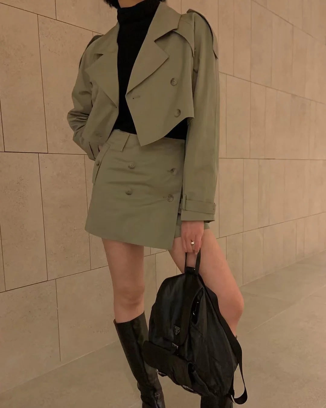 Double-breasted Lapel Windbreaker Jacket High Waist Hip Skirt 2 piece Set