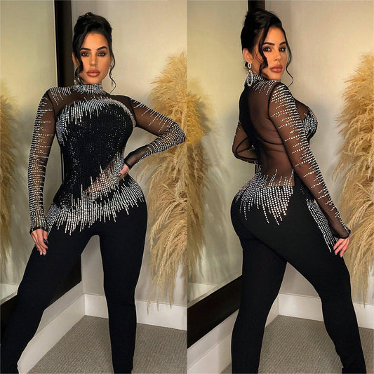 Mesh Rhinestone Long-sleeved Jumpsuit