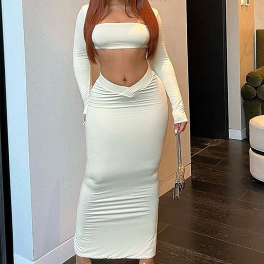 Wrapped Chest Square Collar Top & Long Sleeve Navel Skirt