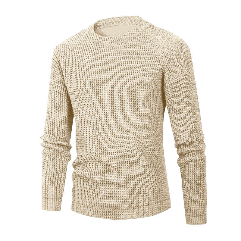 Men's Solid Color Textured Long Sleeve Round Neck Base Sweater