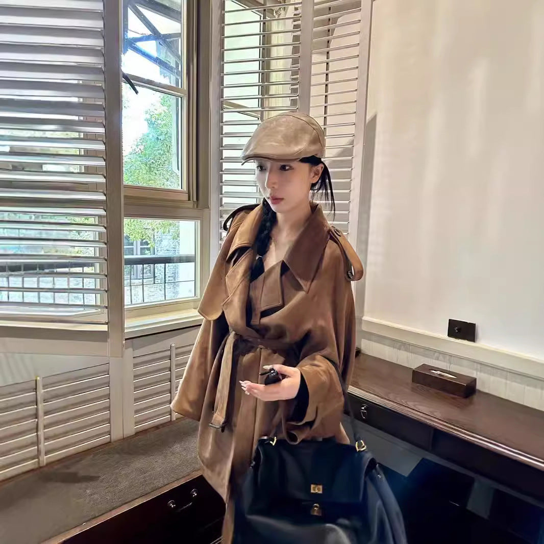Suede Mid-length British Style Tie-up Trench Coat