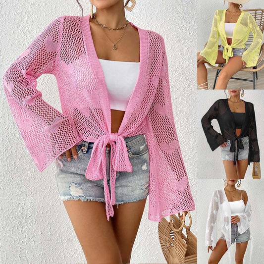 Lace-up Bow Bell Sleeve Cardigan