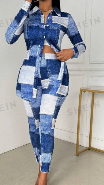 Women's Long Sleeve Knit Denim Effect Top And Pants Set