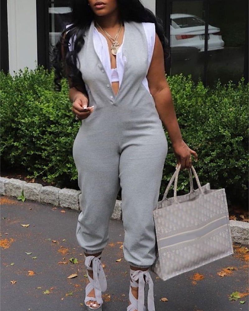 Two-piece Look Sleeveless Long Ankle Banded Jumpsuit