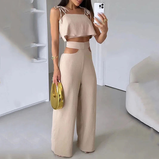 Solid Color Sling Top Casual Hollow-out Trousers Set