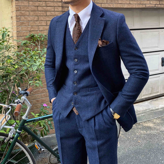 Retro Herringbone Wool Slim Fit Men's Suit