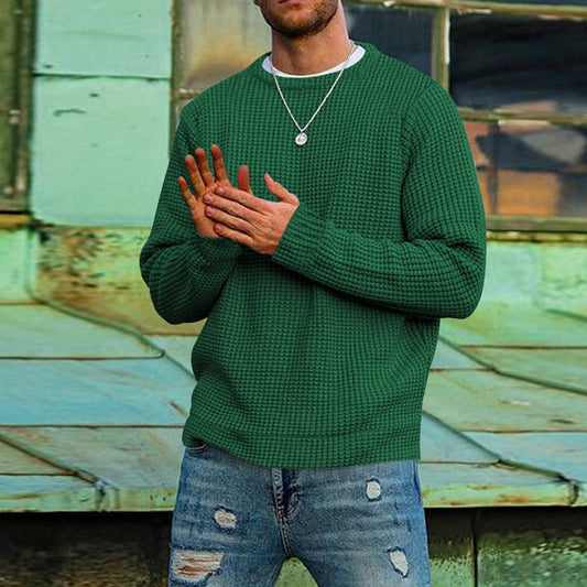 Men's Solid Color Textured Long Sleeve Round Neck Base Sweater