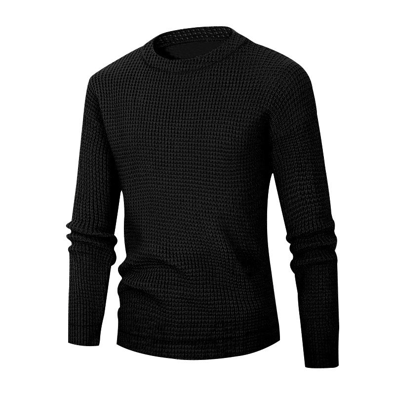 Men's Solid Color Textured Long Sleeve Round Neck Base Sweater