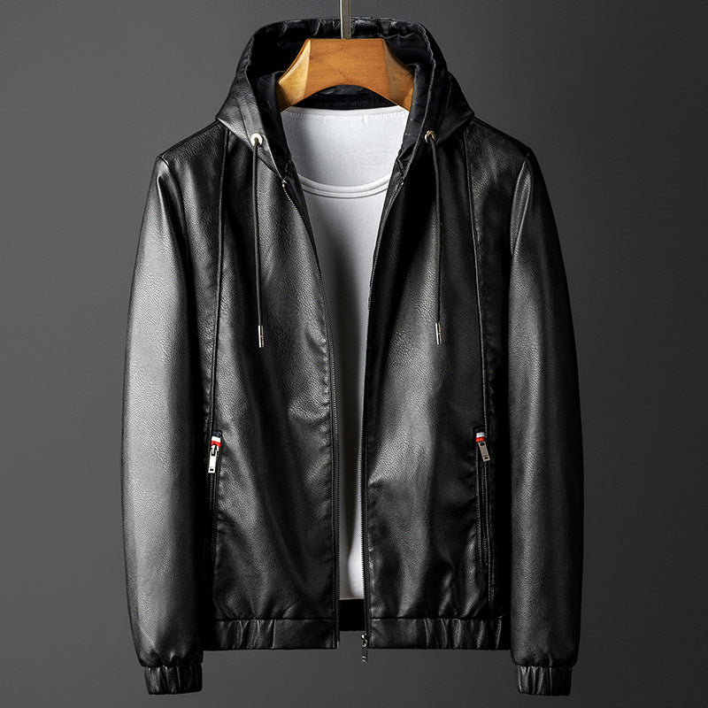 Leather Slim-fit Hooded Casual Men's Synthetic Leather Jacket