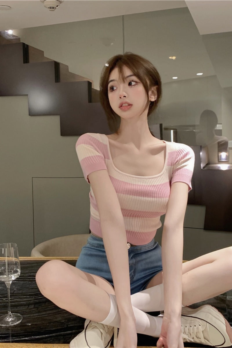 Women's Striped Short Sleeve Knitted Shirt