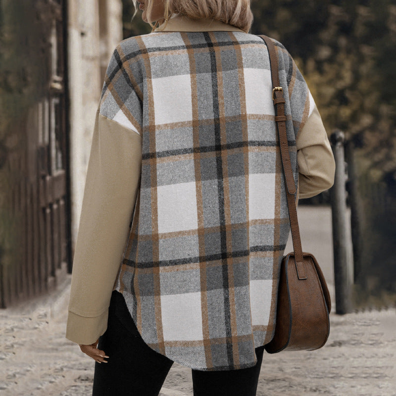 Pocket Plaid Colorblock Coat