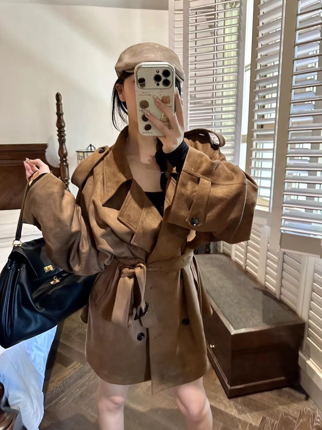 Suede Mid-length British Style Tie-up Trench Coat