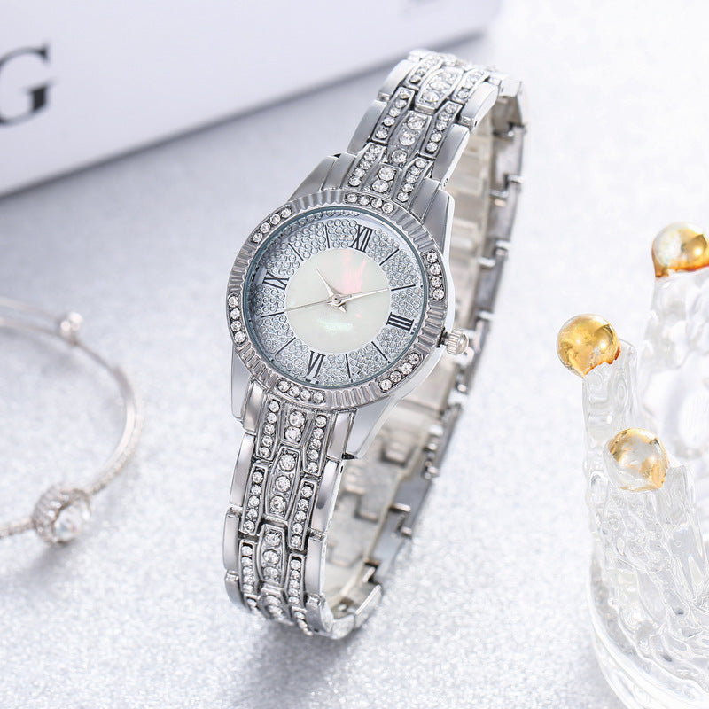 Diamond-embedded Elegant Bracelet & Luxury Quartz Watch Set